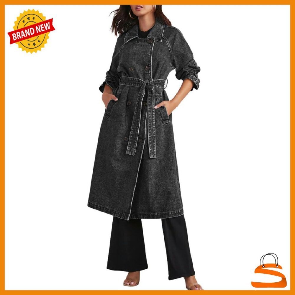 Vintage Denim Trench Coat Midi Length Double Breasted Belted Jacket
